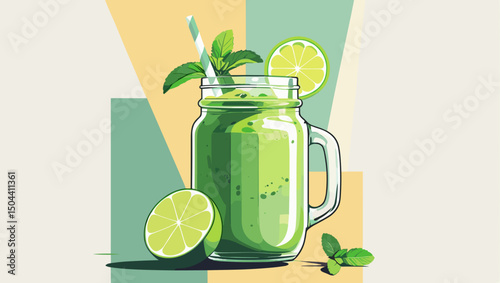 Refreshing green smoothie in a mason jar with lime and mint on a stylish background