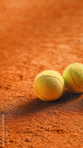 Tennis Balls Resting on Clay Court Surface After Intense Match at Sunset in O...