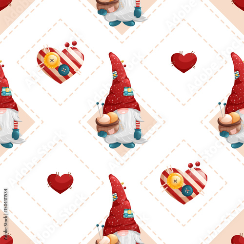 Seamless rhombus pattern with cute gnomes and hearts. Geometric vector sew texture with buttons and knitting yarn.