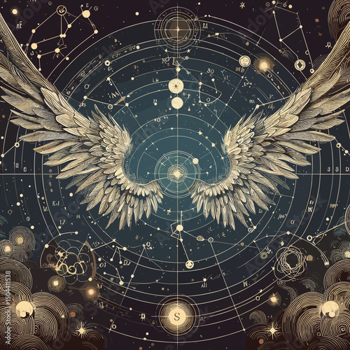 Elegant illustrated wings with cosmic elements and astronomical symbols on a dark background