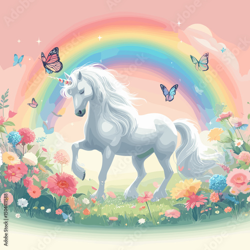 Graceful unicorn trotting through a vibrant flower garden under a bright rainbow