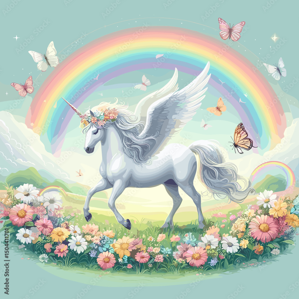 Fototapeta premium Magical unicorn with wings running through a colorful floral meadow under a rainbow