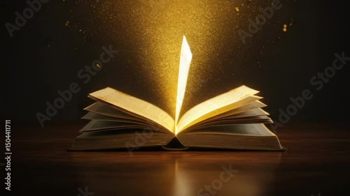 old book opens by itself on a dark wooden table, golden glow rises from its pages