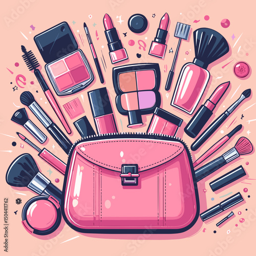 Pink cosmetic bag surrounded by various makeup products and tools on a pastel background