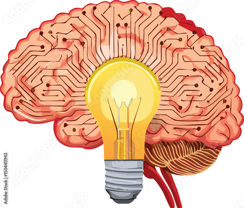 Artificial Intelligence Concept - Hybrid Human Brain with Electronic Circuits and Glowing Lightbulb, Symbolizing Machine Learning and Creative Innovation