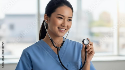 Smiling Doctor Holding Stethoscope in Office Setting Close Up
