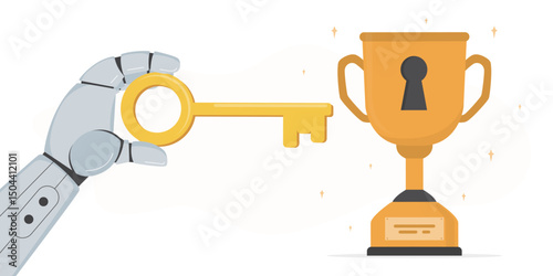 AI robot uses large key to unlock path to success. Golden winner cup with keyhole. Chat bot searching opportunity, inspiration.