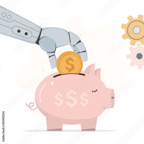 Smart robot arm putting dollar coin into savings piggy bank, automatic investment or savings. AI bot advisor help making money. Fintech,