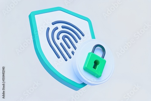Design Modern 3D Teal Shield Icon with Blue Fingerprint and Green Padlock for Biometric Security Apps and Privacy Websites with Sleek Design