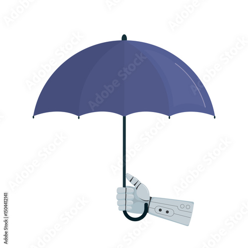 Robot hand holding blue umbrella. IT defense. Cyborg with umbrella which protects from collision or damage. Insurance, technology of cyber protection, support or help.