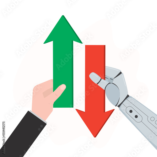 Opposite directions of development. Human hand and robot arm hold arrows pointing in different directions. Opposite opinions, predictions. Competition between AI bot and human.