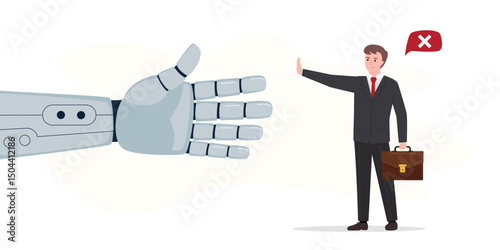 Ban robots, fear of future. Businessman showing stop or reject gesture. Stop industrial robots, ban mechanical bot, chatbot. Protection from fast development of technology.