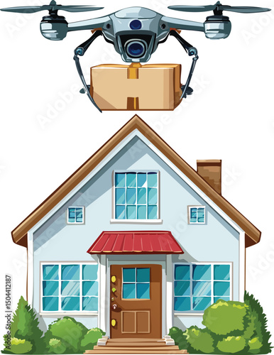 Delivery Drone Hovering with Package at Modern House - Futuristic Last-Mile Logistics, Contactless E-Commerce Shipping, Automated Aerial Technology