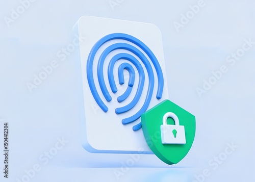 Design Modern 3D Blue Fingerprint Icon with Green Shield for Biometric Security Apps and Privacy Websites with Sleek Minimalist Design