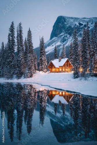 Winter Cabin by the Lake Reflects Stunning Mountain Scenery at Dusk