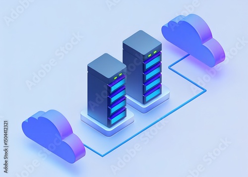 Design Innovative 3D Cloud Server Icon with Blue Servers and Purple Clouds for Cloud Computing Apps and Data Management Websites with Modern Aesthetic