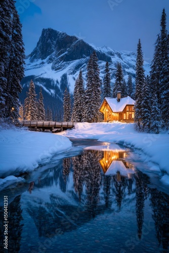 Winter Cabin by the Lake Reflects Stunning Mountain Scenery at Dusk
