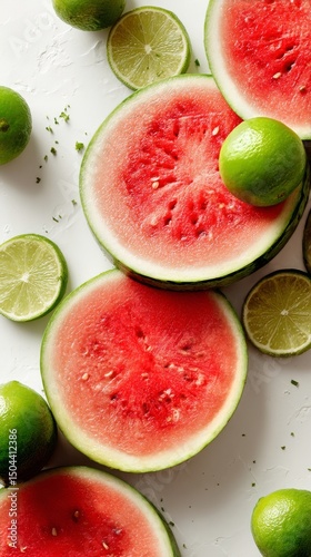 Fresh Watermelon and Lime Slices Arranged on a White Surface for a Vibrant Su...