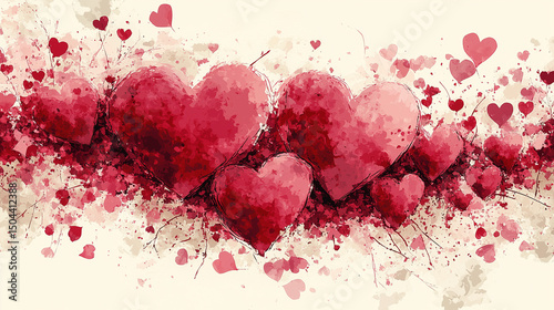 Watercolor Pink Hearts on White Background