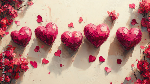 Watercolor Pink Hearts on White Background