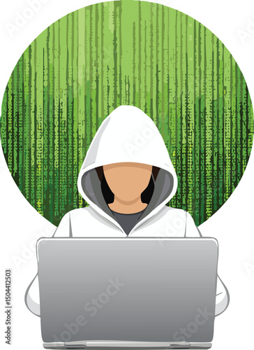 Anonymous Hacker in Hoodie Typing Against Glowing Green Binary Code Screen - Cybersecurity Threat Concept, Digital Espionage, Cybercrime Technology