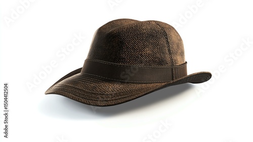 A stylish brown hat sits elegantly on a clean white background, showcasing its unique texture and design, perfect for outdoor adventures or casual outings.
