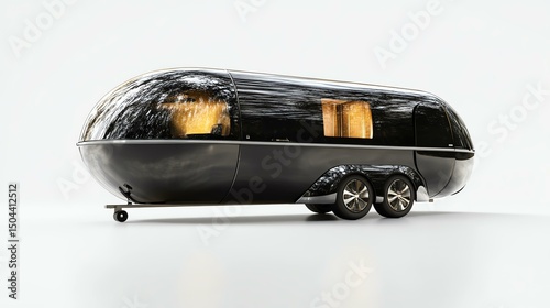 A sleek, modern travel trailer showcasing a minimalist design