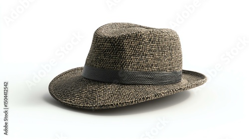 A stylish brown fedora hat made of woven fabric sits elegantly against a white background, perfect for adding a touch of sophistication to any outfit.