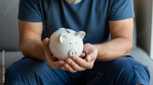 Holding Piggy Bank and Coins Saving Money Concept