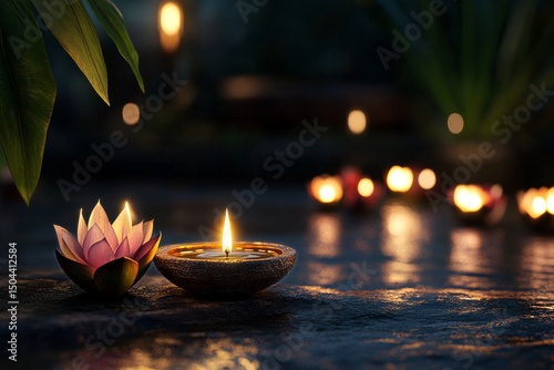 Floating Lanterns Illuminate a Serene Pond at Dusk During a Tranquil Evening ...