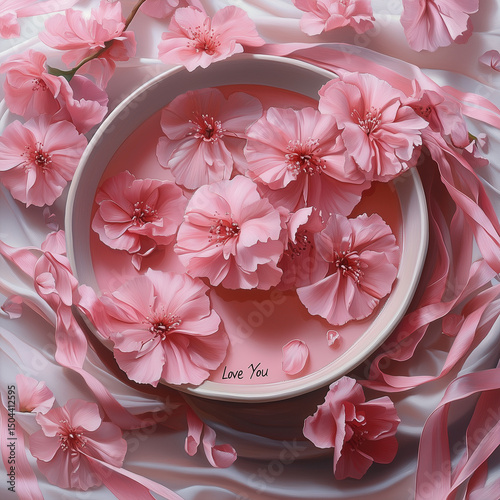 Pink Cherry Blossoms in Bowl with Silk