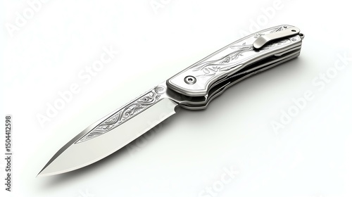 A beautifully designed folding knife with an intricately engraved handle and a sharp stainless steel blade, perfect for outdoor activities and everyday carry.