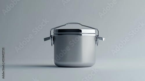 A sleek, modern stainless steel pot stands against a minimalist backdrop, showcasing its elegant design. Perfect for cooking enthusiasts and culinary presentations.
