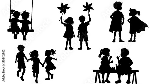 Kids Playing Silhouettes, Childhood Fun, Superheroes, and Outdoor Activities Vector Set