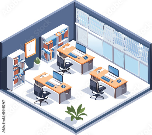 Isometric Tech Startup Office Scene - Modern Coworking Space with Developers, Creative Meeting Pods and Glass Conference Rooms, 3D Vector Workspace