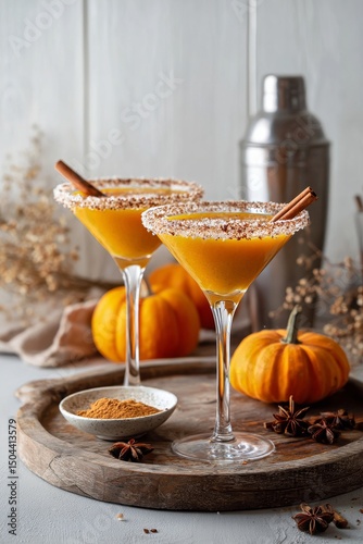 Seasonal Cocktails With Pumpkins on a Wooden Tray During Autumn