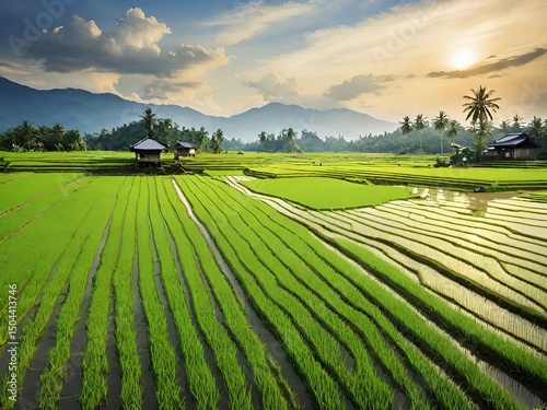 Lush green rice terraces under a dramatic sky with mountains in the distance. Peaceful rural scene.