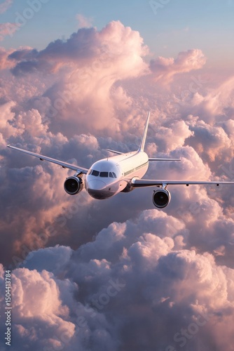Airplane Soaring Through Fluffy Clouds During Sunset Over a Serene Sky