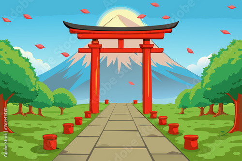 Stone Path Through Misty Bamboo Forest with Torii Gates and Sacred Mountain View