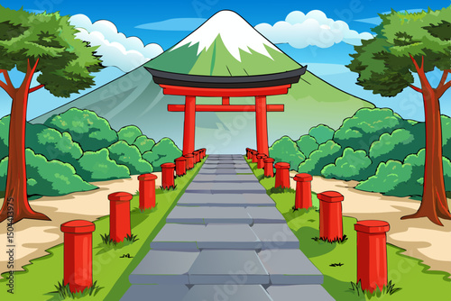 Stone Path Through Misty Bamboo Forest with Torii Gates and Sacred Mountain View