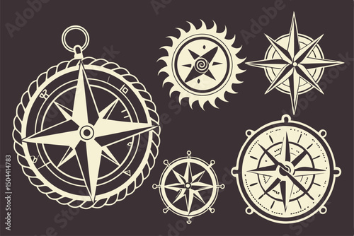 Vector set of vintage nautical compass icons, perfect for travel, navigation, and sport designs, illustrating directions north, south, east, and west with a retro feel