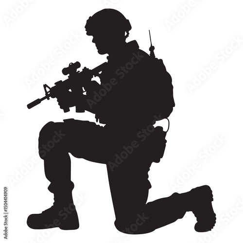 Silhouette of an armed soldier with a rifle in a military vector illustration