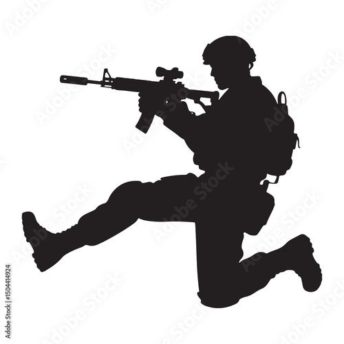 Silhouette of an armed soldier with a rifle in a military vector illustration