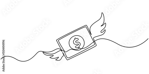 Continuous single one line drawing art of money paper flying with wings. Vector illustration of loss dollar banknote money, Continuous one line drawing flying money stacks of dollar banknotes. Budget.
