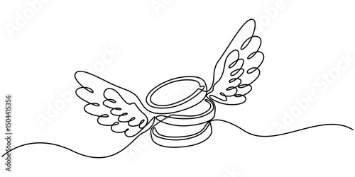 One line drawing coins dollar with wings flying in the sky. Lost money concept. Flying money. Economy, finance, money pictogram. Vector illustration, Single one line drawing coins dollar with wings.