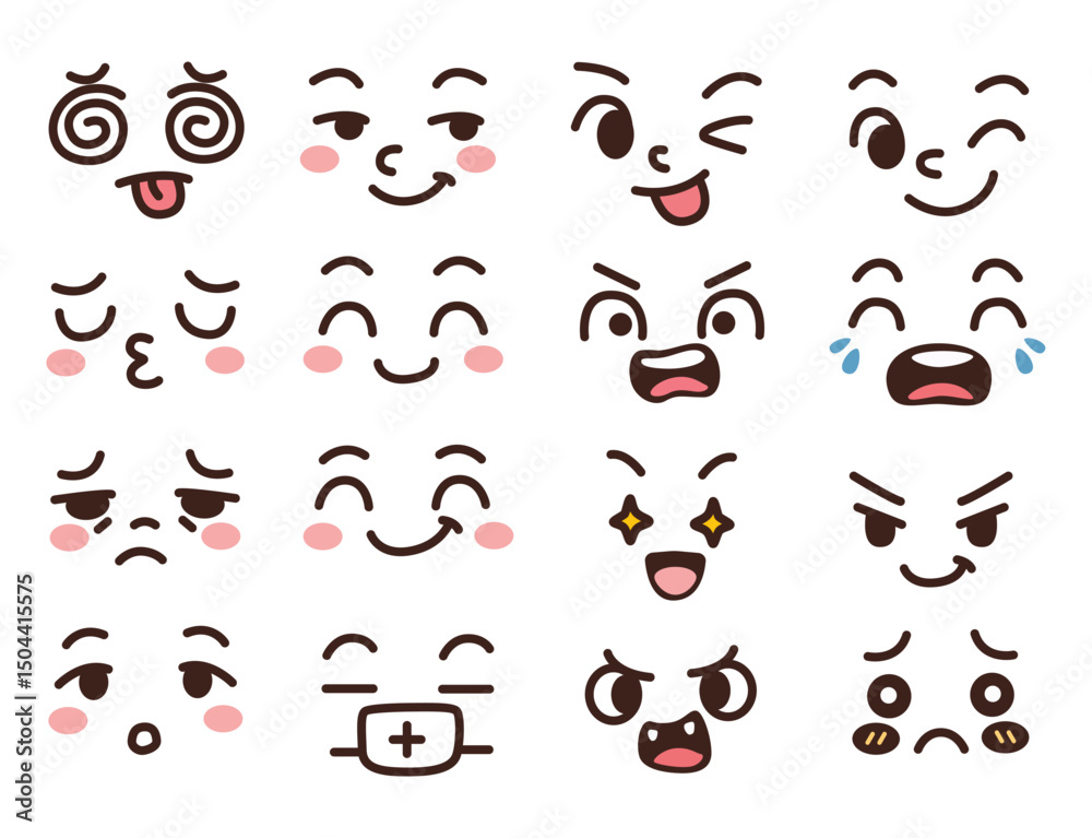 Naklejka premium Cute cartoon face expression vector set with various emotional emoji icons