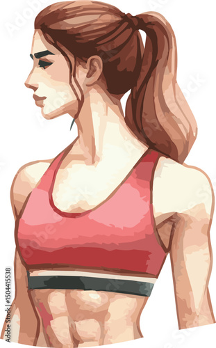 Vector watercolor painted illustration of a fit sportswoman with strong abs