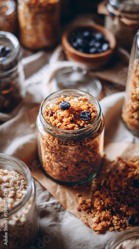Homemade Granola Spill on a Rustic Countertop With Blueberries and Almonds