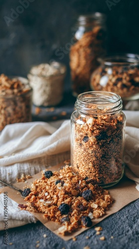 Granola in Jars on a Wooden Surface With Scattered Pieces and Natural Lighting