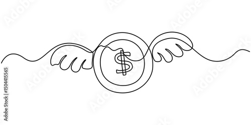 One line drawing coins dollar with wings flying in the sky. Lost money concept. Flying money. Economy, finance, money pictogram. Vector illustration, Single one line drawing coins dollar with wings.